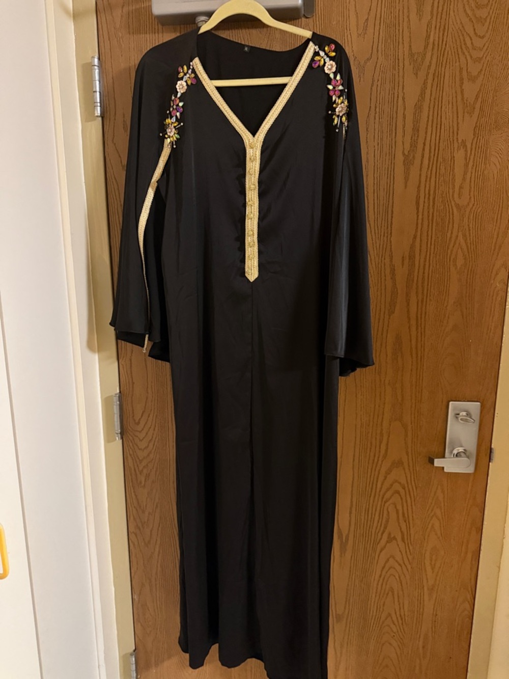 Multicolored Rhinestone Embroidered Black Maxi Cape Kaftan with Gold Trim